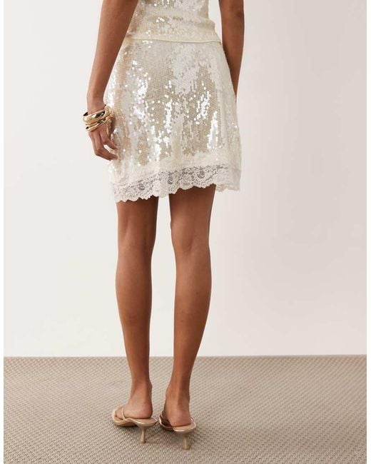 New Look Natural Lace Trim Sequin Mini Skirt Co-Ord