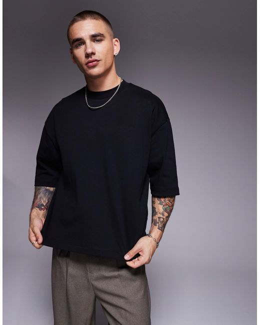 ASOS – kastiges oversize-t-shirt aus schwerem em stoff mit halblangen ärmeln in Blue für Herren