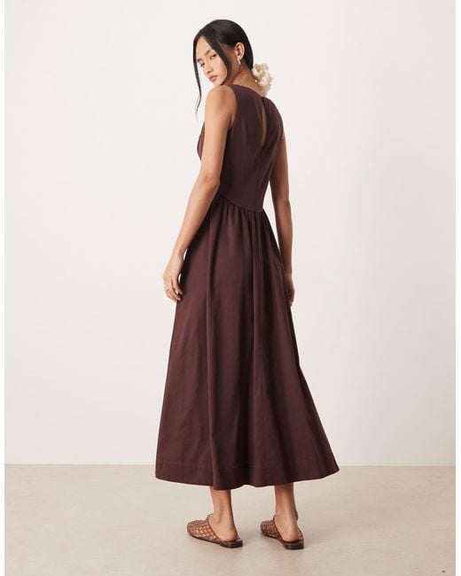 ASOS Brown Waisted V Neck Maxi Sundress With Seaming Details