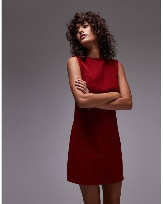 TOPSHOP Red Denim Cord Low Back Mini Dress