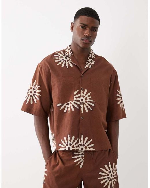 ASOS Brown Co-ord Boxy Oversized Revere Shirt With Linen for men