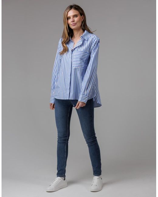 French Connection Blue Cotton Relaxed-Fit Long Sleeve Striped Popover High-Low Hem Shirt