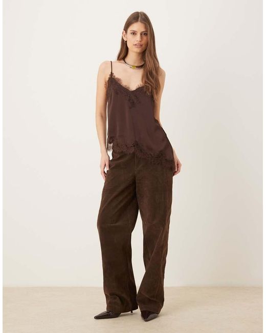 Mango Brown Asymmetric Hem Satin Cami Top With Lace Edge