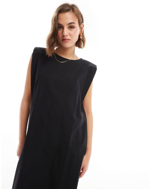 ASOS Black Cotton Shapeless Midi Dress With Shoulder Pads