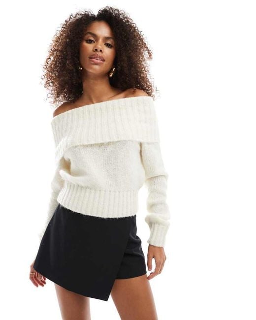 Bershka White Fluffy Bardot Jumper