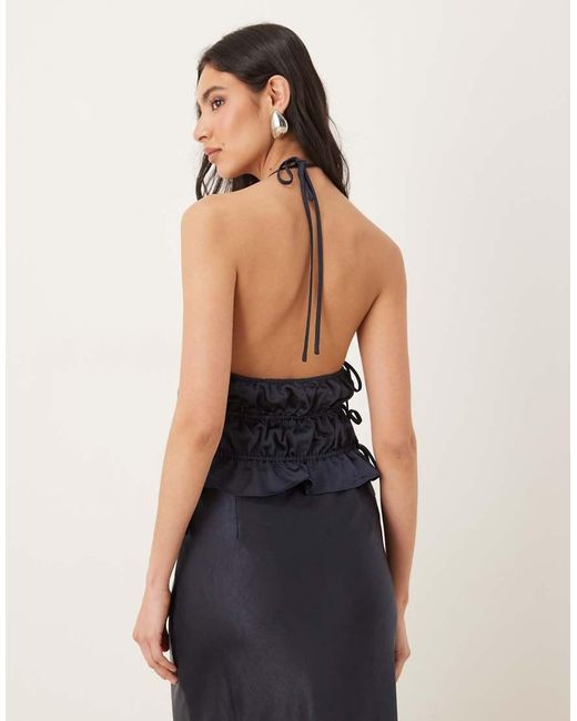 Nia Blue Balboa Co-ord Shirreds Satin Halter Neck Top