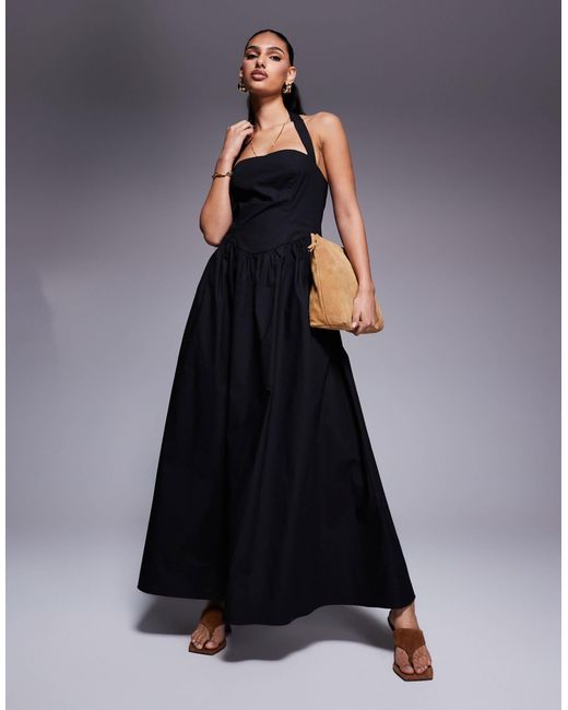 Kaiia Blue Exclusive Cotton Rich Poplin Square Neck Halter Maxi Dress