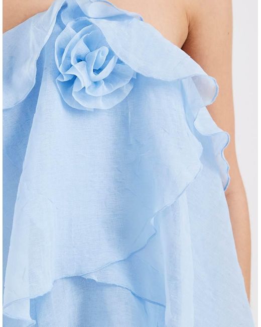 Vero Moda Blue Ruffled Floral Corsage Halter Neck Crinkle Chiffon Maxi Dress