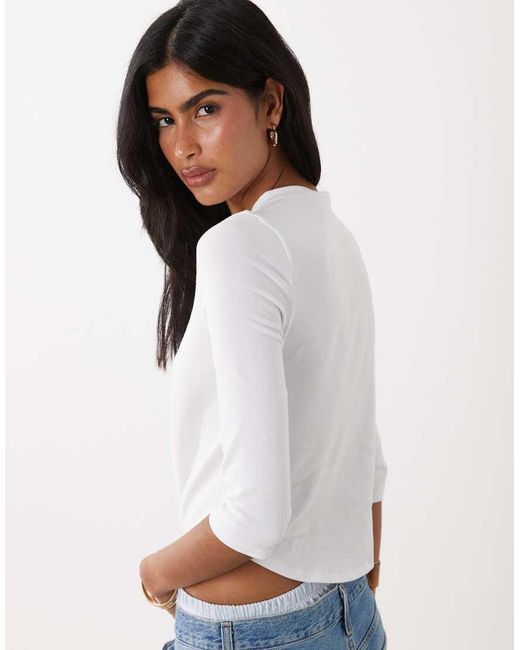 ASOS White High V Neck 3/4 Sleeve Top