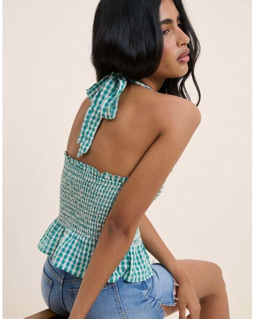 Nobody's Child Blue Gingham Shirred Halterneck Tizzy Top