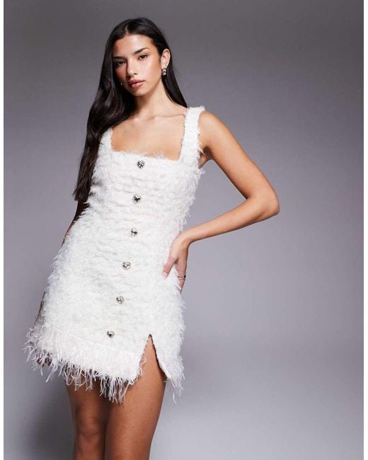 ASOS Gray Knit Dress With Feather Trim And Embellished Buttons