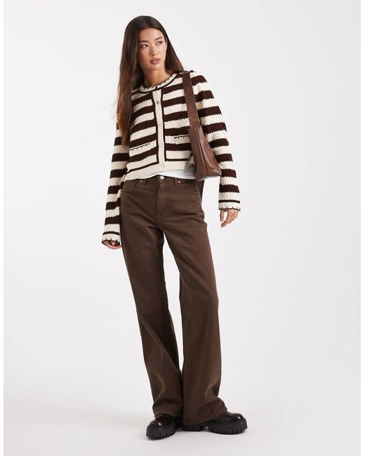 Miss Selfridge Brown Double Pocket Stripe Blanket Stitch Cardigan