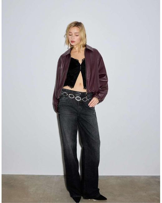 Stradivarius Purple Faux Leather Quilted Bomber Jacket