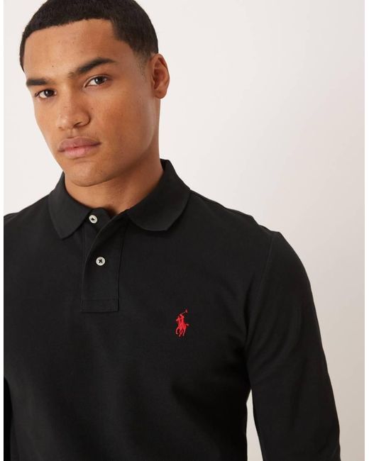 Polo Ralph Lauren Black Icon Logo Slim Fit Long Sleeve Pique Polo for men