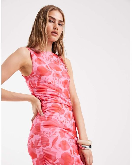 Pieces Pink Ruched Midi Dress