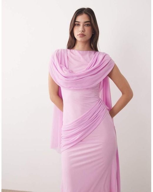 ASOS Pink Stretch Chiffon Cape Detail Cowl Maxi Dress With Sash Detail