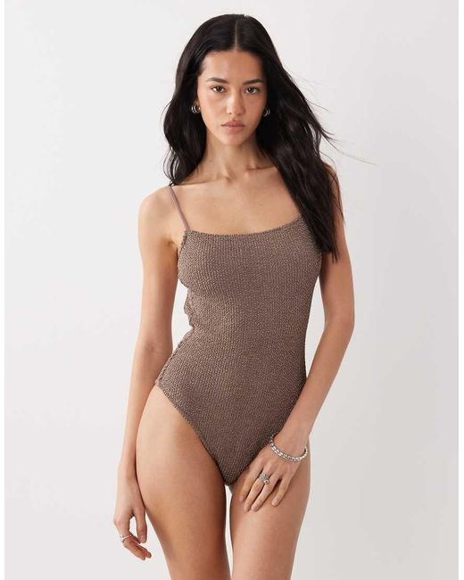 Mango Brown Crinkle Textured Tie Back Swimsuite