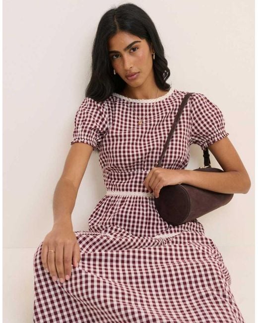 Nobody's Child Pink Gingham Lace Trim Dara Midi Dress