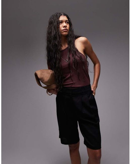 TOPSHOP Black Linen Longline Short