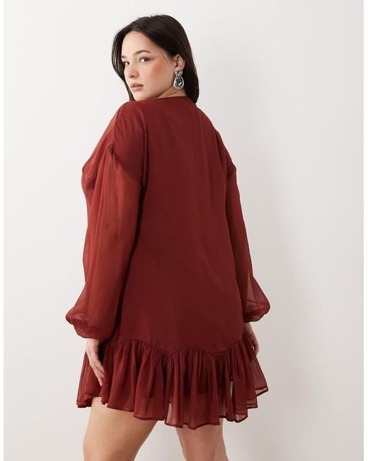 ASOS Red Asos Design Curve Slash Neck Chiffon Godet Mini Dress