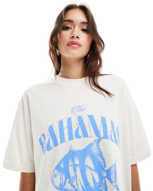 T-shirt boyfriend color crema con grafica marina "bahamas" di ASOS in Blue