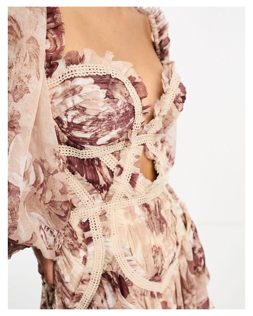 Robe courte corset froncée à manches longues et découpe - crème à imprimé fleurs ASOS en coloris White