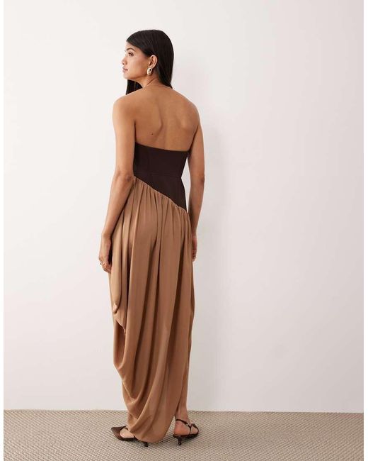 ASOS Pink Structured Curved Bandeau Neckline Midi Dress With Contrast Soft Draped Skirt