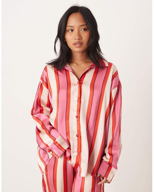 ASOS Red Asos Design Petite Oversized Satin Stripe Shirt And Trouser Pyjama Set