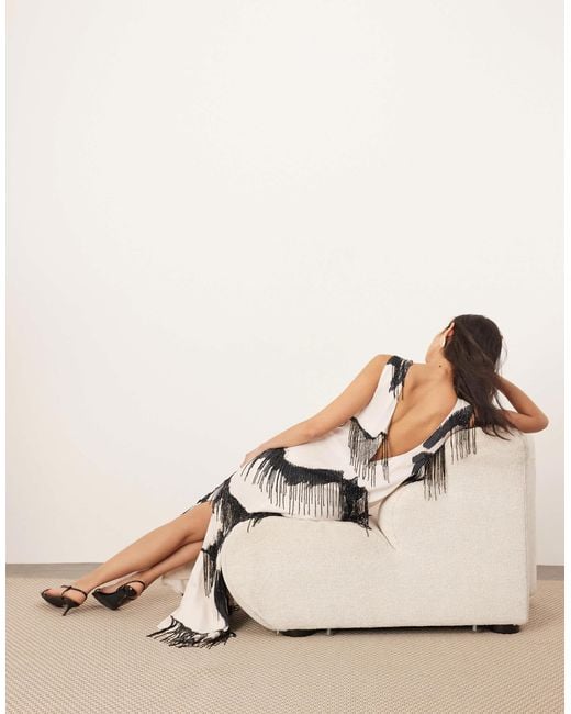 ARRANGE Natural Fringe Embellished Minimal Column Midi Dress