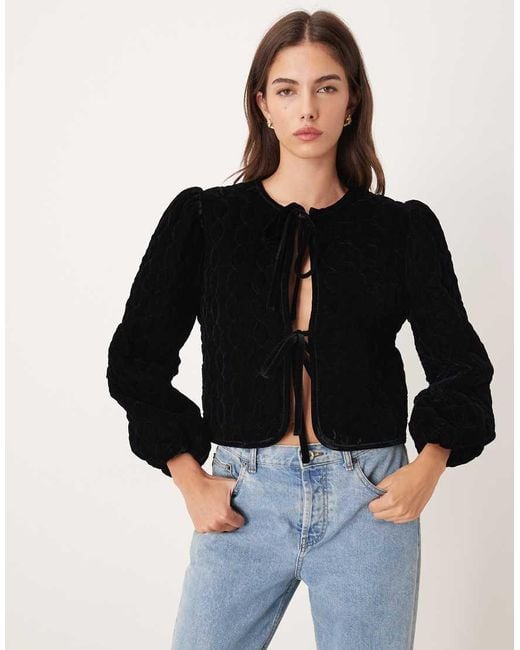 Nobody's Child Black Cropped Velvet Quilted Jacket With Tie Front