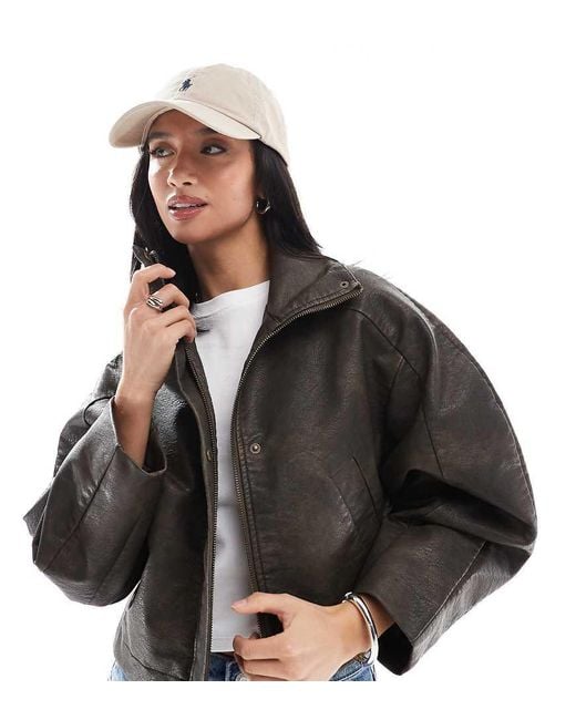 ASOS Black Asos Design Petite Funnel Neck Textured Leather Look Bomber Jacket