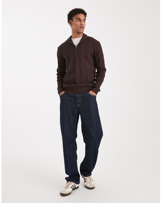 Threadbare Brown Cable Knit Quarter Zip Jumper for men