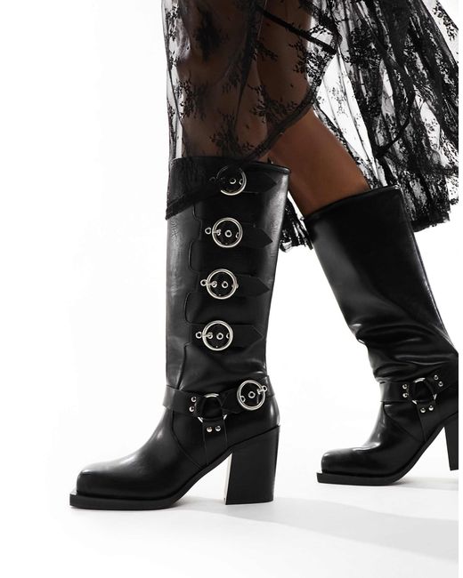 Public Desire Black Fetish Heeled Biker Boot