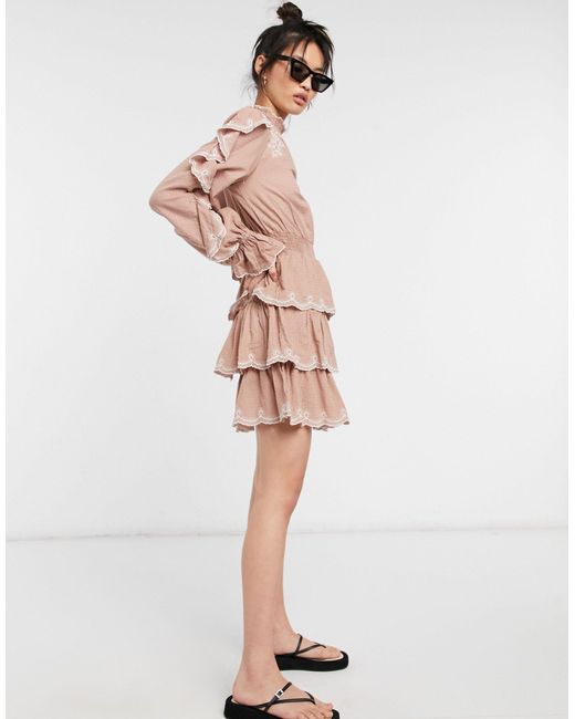 River Island Pink Embroidered Tiered High-neck Mini Dress