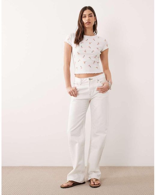Miss Selfridge White Embroidered Short Sleeve Ribbed Lettuce Edge T-Shirt