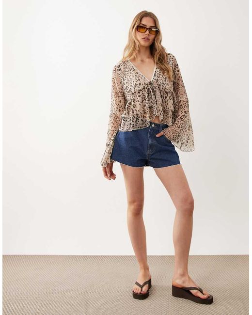 Miss Selfridge Blue Flared Sleeve Ruffle Blouse