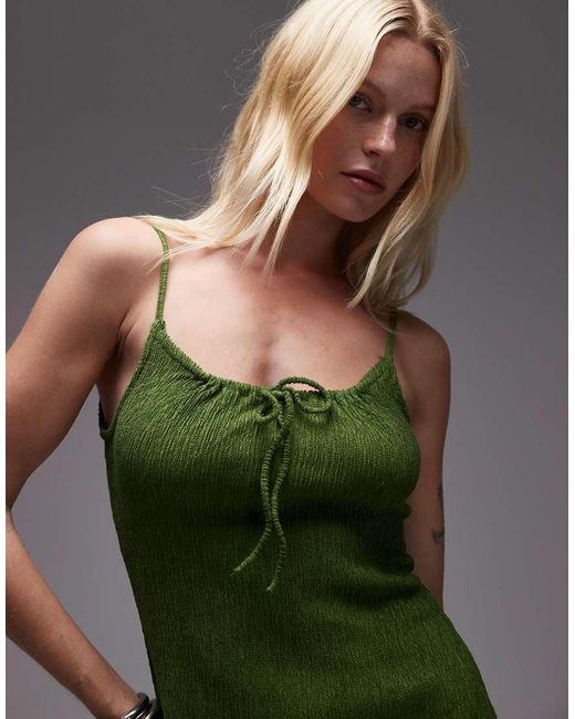 TOPSHOP Green Crinkle Tie Front Cami Mini Dress