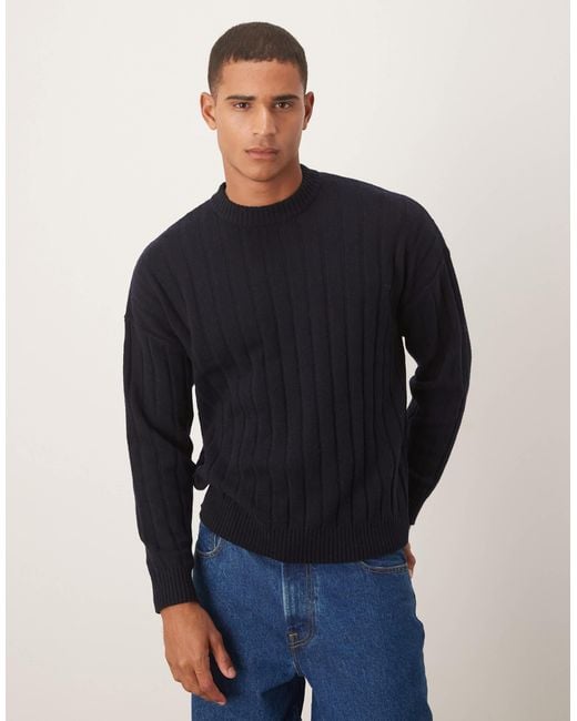 ASOS Men's Blue Oversized Knitted Lambswool Rib Crew Neck Sweater