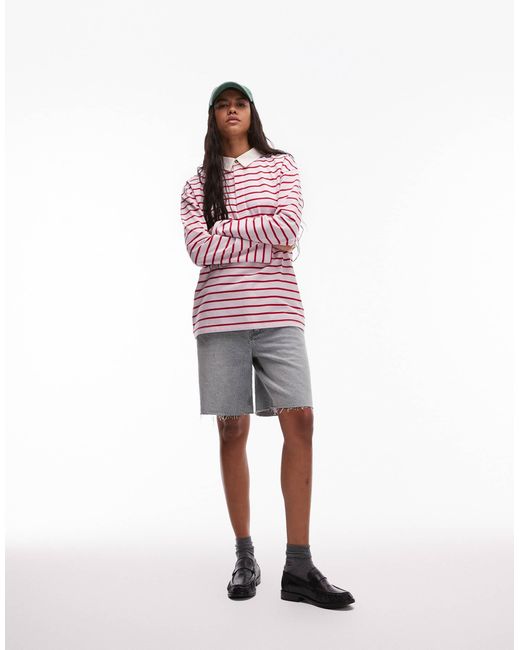 TOPSHOP Red Stripe Long Sleeve Polo Top