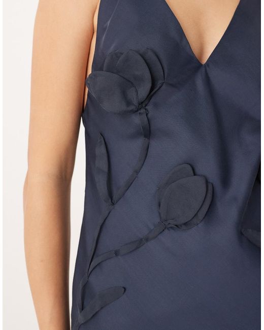 ASOS Blue Satin Deep V-neck Mini Dress With 3d Organza Florals