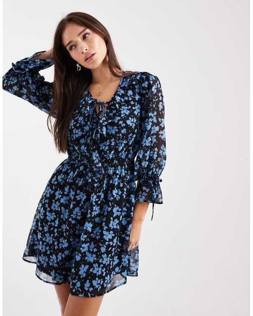 New Look Blue Floral Chiffon Frill Mini Dress