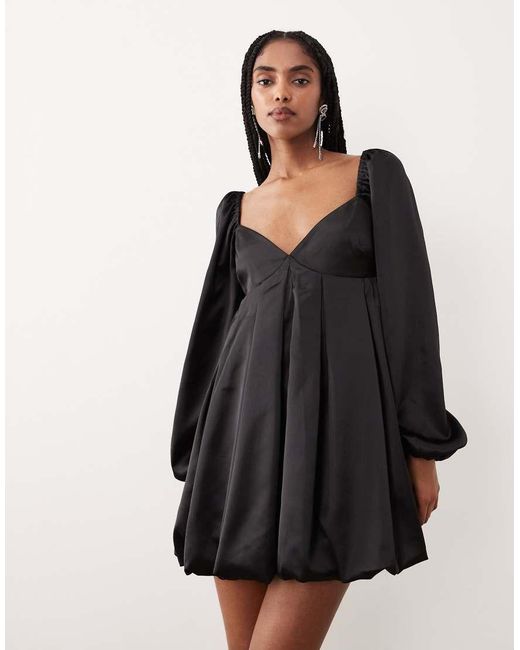Gina Tricot Black Long Sleeve Sweatheart Neck Bubble Mini Dress