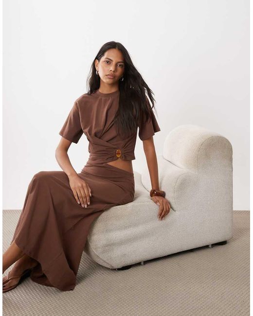 ASOS Brown Short Sleeve With Knot Detail And Cut Out Midi Dress