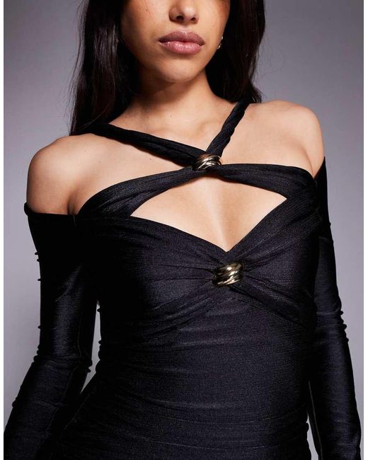 Ruched & Ready Black Forever Yours Sculpted High Shine Halterneck Cut Out Gold Hardware Detail Sculpted Mini Dress