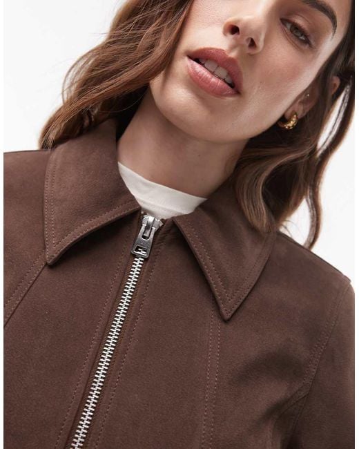 TOPSHOP Brown Faux Suede Zip Through Jacket