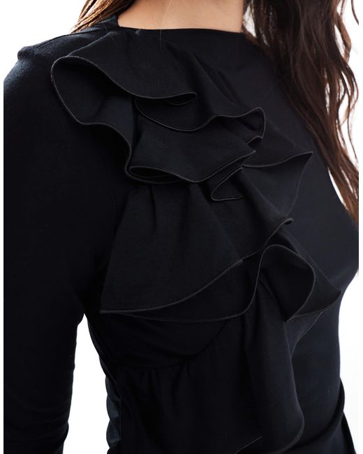 & Other Stories Black Jersey Long Sleeve Top With Ruffle Applique Detail