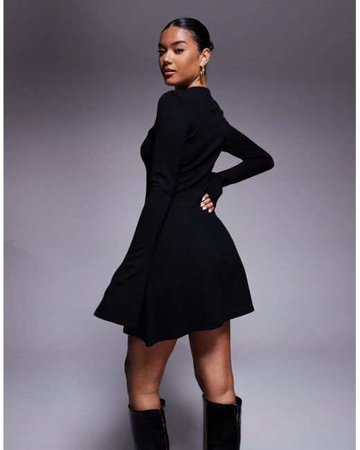 Kaiia Exclusive Compact Knit Flared Sleeve Mini Skater Dress in Black | Lyst