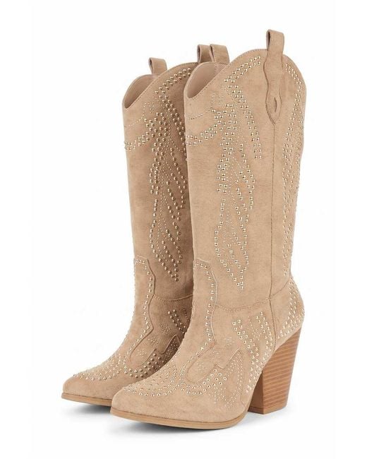 SEQWL Natural Western Cowboy Boots With Studded Detailing And Pointed Toe
