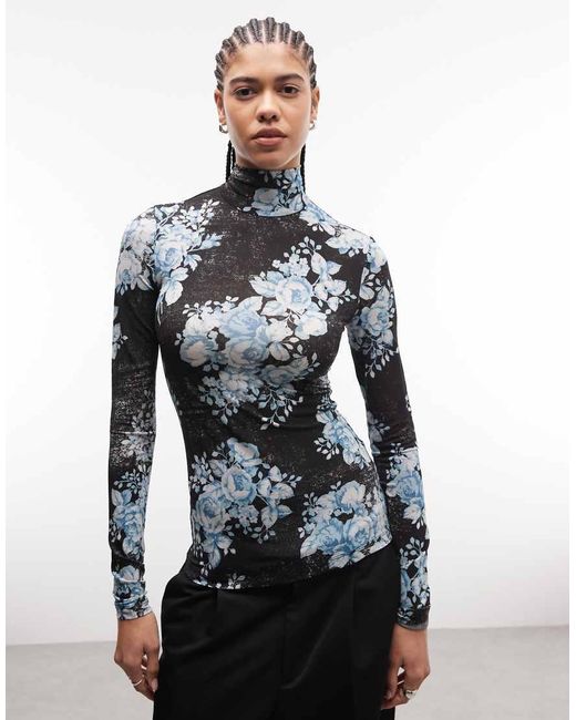 & Other Stories Black Sheer Floral Printed High Neck Top