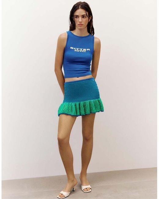 Pull&Bear Blue Ruffled Knit Mini Skirt
